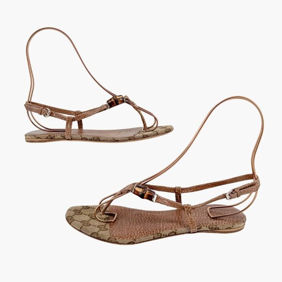 Gucci Bamboo GG Flat Thong Sandals Size 36 US 6 Beige Monogram Canvas Flop Flop - Picture 7 of 13